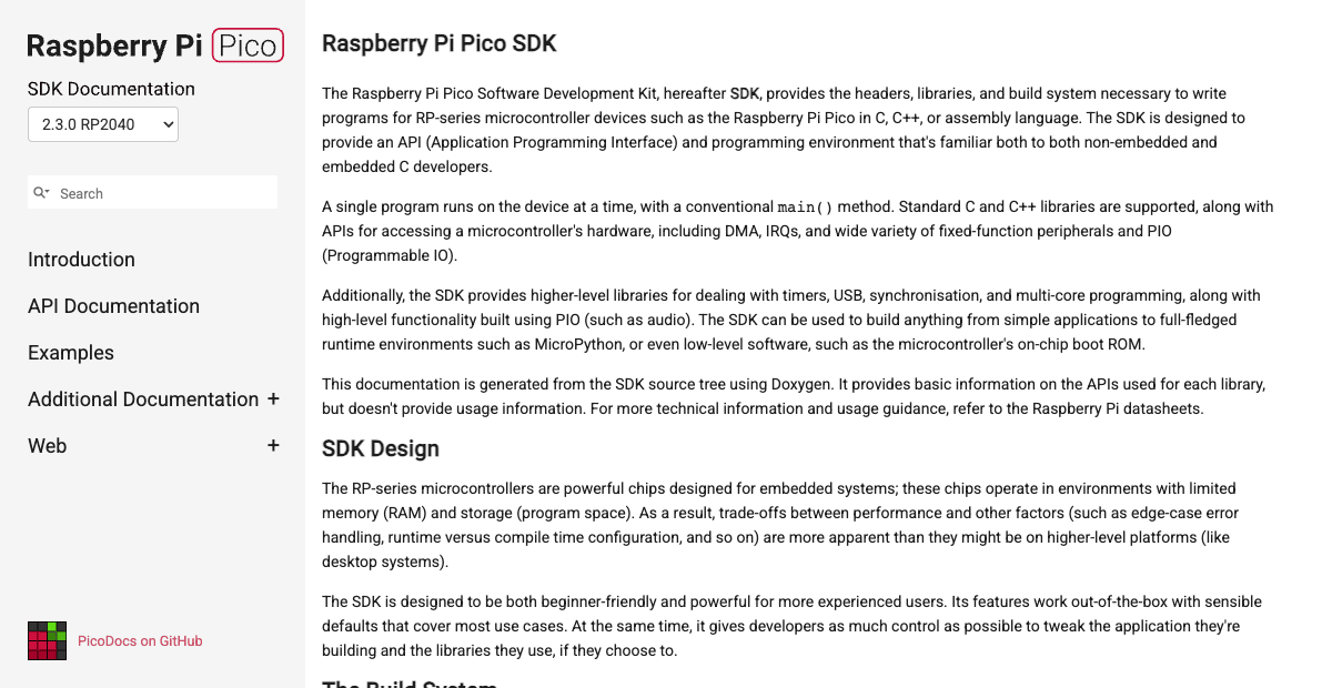 The picodocs site, with an SDK version selector, a search box and the Pico SDK's introduction.